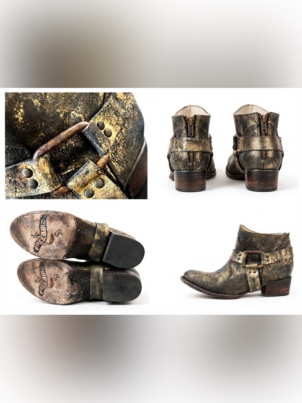 Freebird by Steven Phlow Metallic Gold Harness Ankle Boots Size 9 biker boot